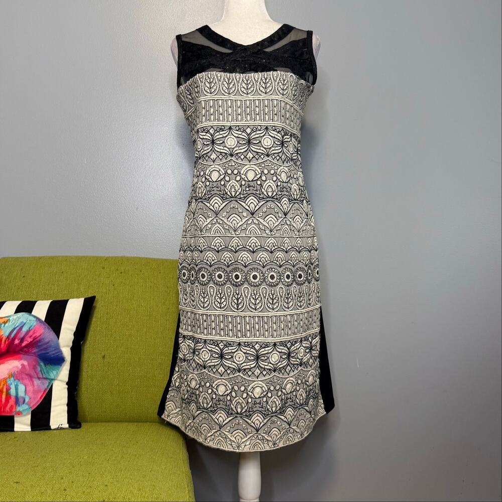 Save the Queen Black White Embroidered & Mesh Sheath Dress
